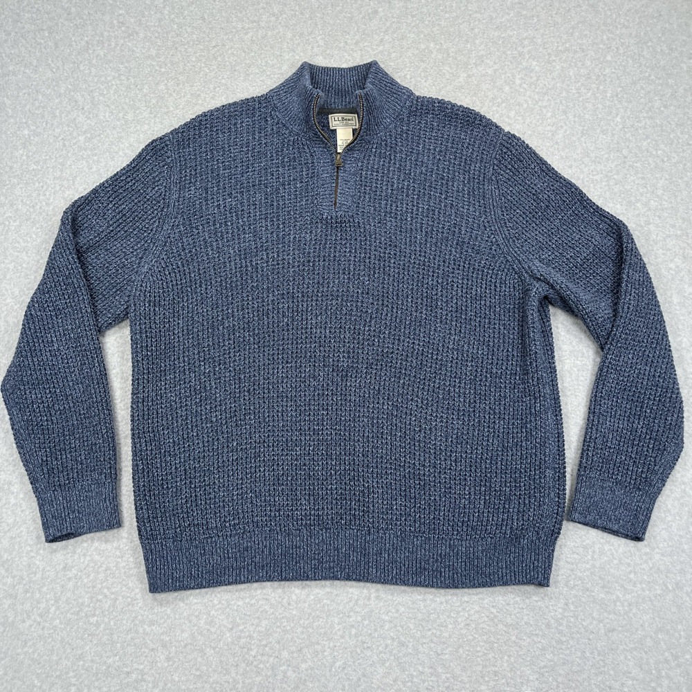 LL Bean Organic Cotton Waffle Sweater Mens XL Blue Fisherman 1/4 Zip Pullover
